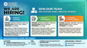 Torrent Pharma Walk-In Interview for QA, QC & Packing Roles in Baddi on 19 April 2026 (Sunday)