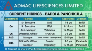 ADMAC Lifesciences Limited Hiring 2026 – QA, QC, R&D & Multiple Pharma Jobs in Baddi & Panchkula