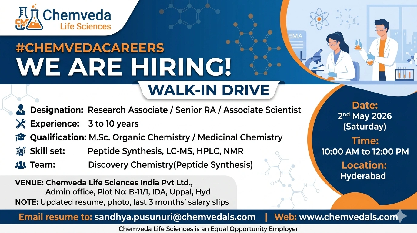Chemveda Life Sciences Walk-in Interview – Discovery Chemistry Jobs in Hyderabad on 2nd May 2026 (Saturday)