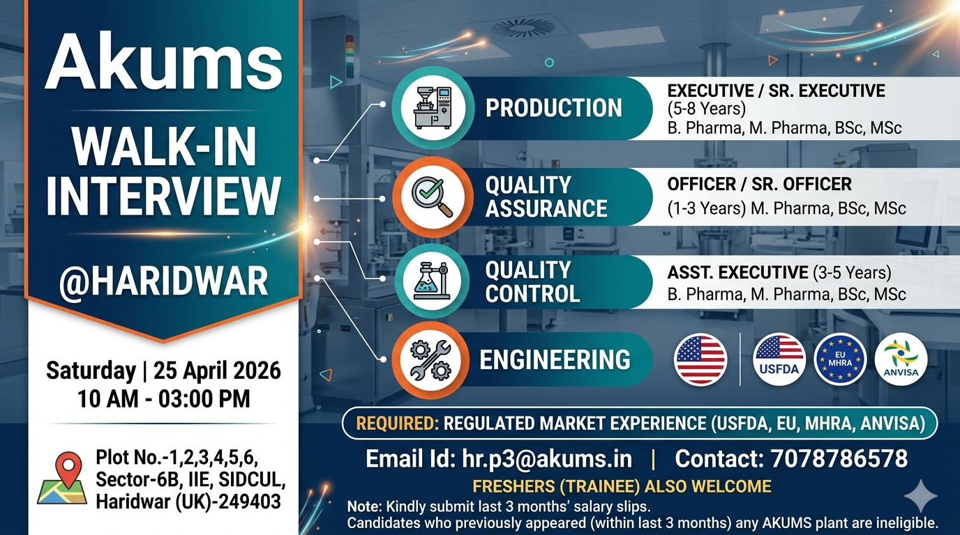 Akums Pharma Walk-in Interview in Haridwar | QA, QC, Production & Engineering Jobs on 25 April 2026 (Saturday)