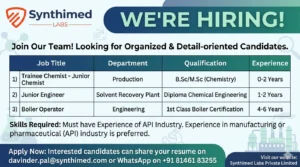 Synthimed Labs Hiring 2026 – Trainee Chemist, Junior Chemist & Engineering Roles | Pharma Jobs in India