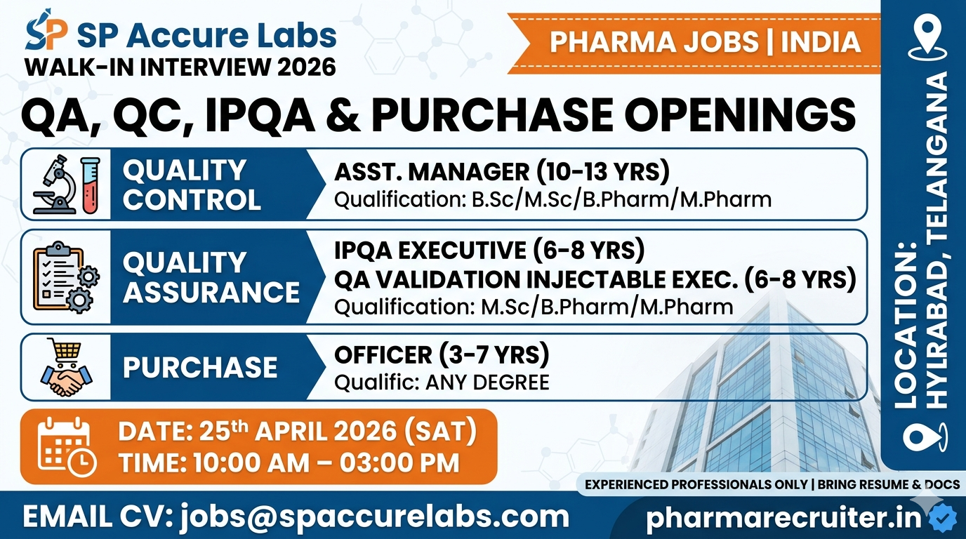 SP Accure Labs Walk-In Interview | QA, QC & Pharma Jobs in India on 25th April 2026 (Saturday)