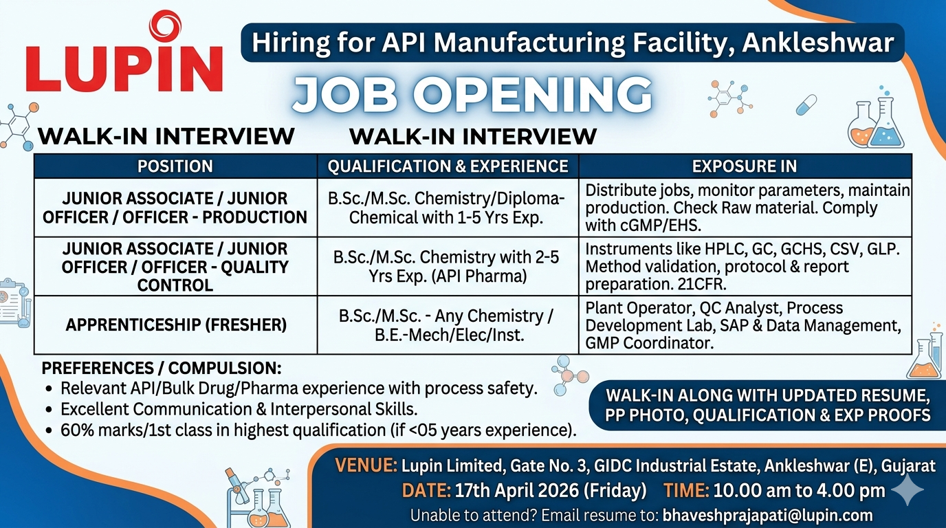 Lupin Limited Walk-In Interview 2026 for Production & Quality Control Roles | Pharma Jobs in India on 17th April 2026 (Friday)