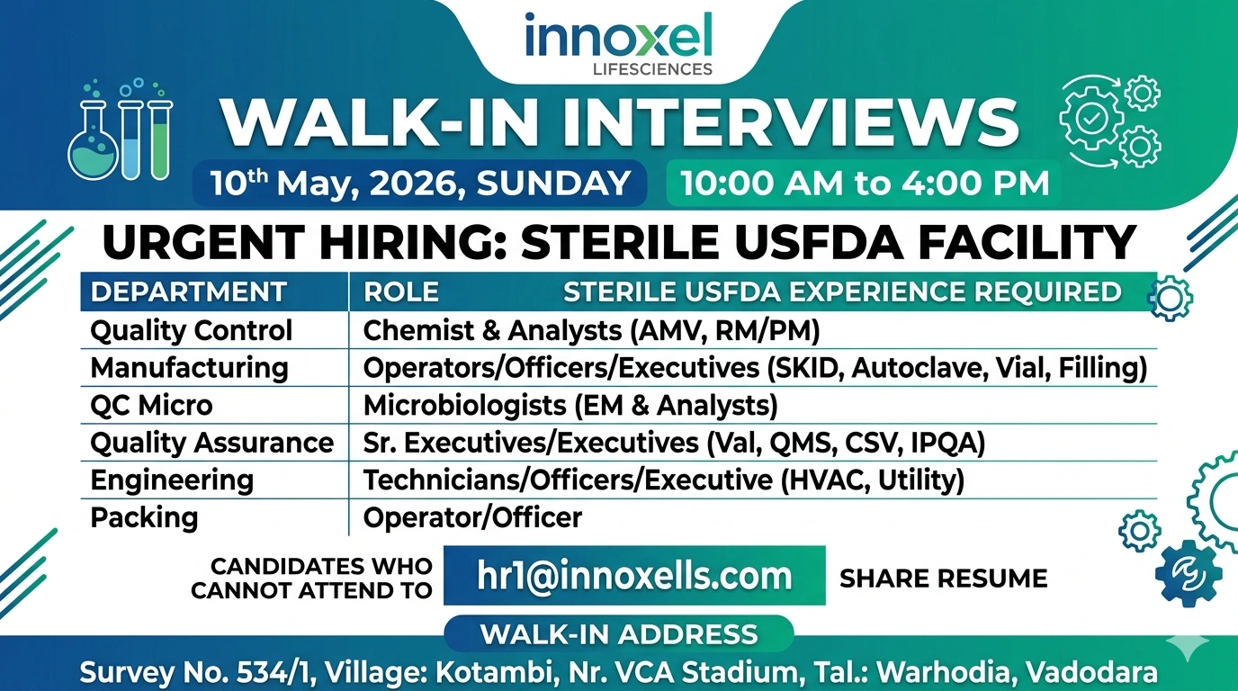 Innoxel Lifesciences Walk-in Interview | QC, QA, Production & Engineering Roles on 10th May 2026 (Sunday)