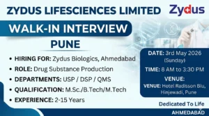Walk-in Interview for Pharma Jobs at Zydus Lifesciences Limited – Biologics Production Roles on 3rd May 2026 (Sunday)