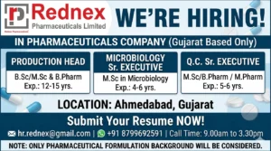 Rednex Pharmaceuticals Limited Hiring 2026 | QC, Microbiology & Production Jobs | Apply Now
