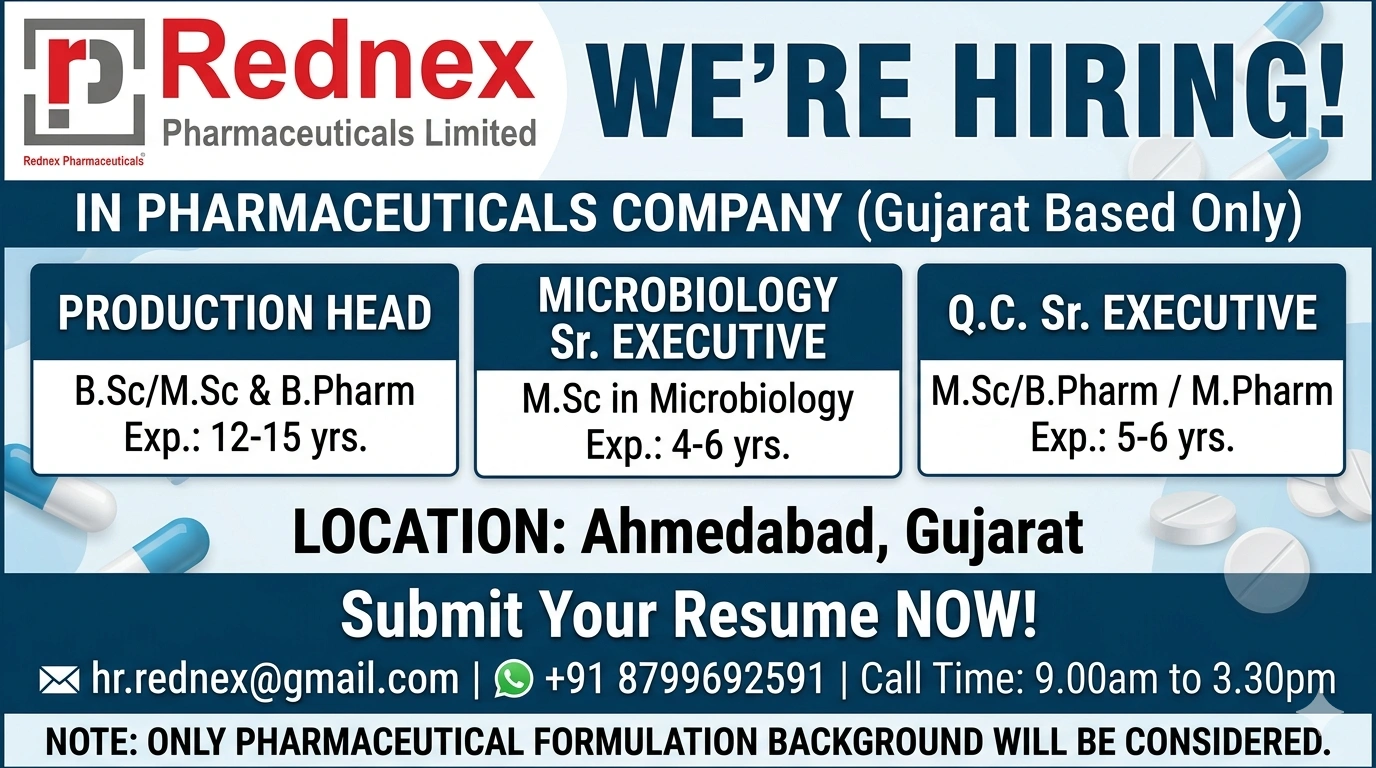 Rednex Pharmaceuticals Limited Hiring 2026 | QC, Microbiology & Production Jobs | Apply Now
