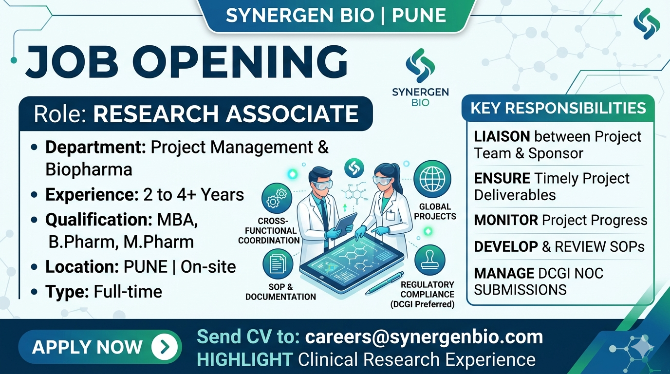 Research Associate Job in Pune | Pharma Jobs at Synergen Bio