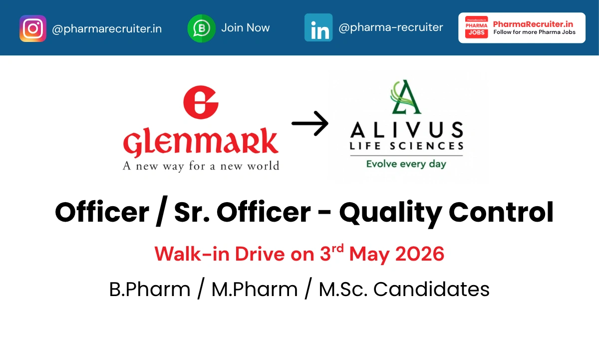 Glenmark Pharmaceuticals Walk-In Interview for QC Officer & Sr. Officer on 3rd May 2026