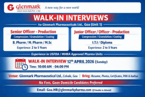 Glenmark Pharma Walk-In Interview for Production Roles in Goa on 12th April 2026 (Sunday)