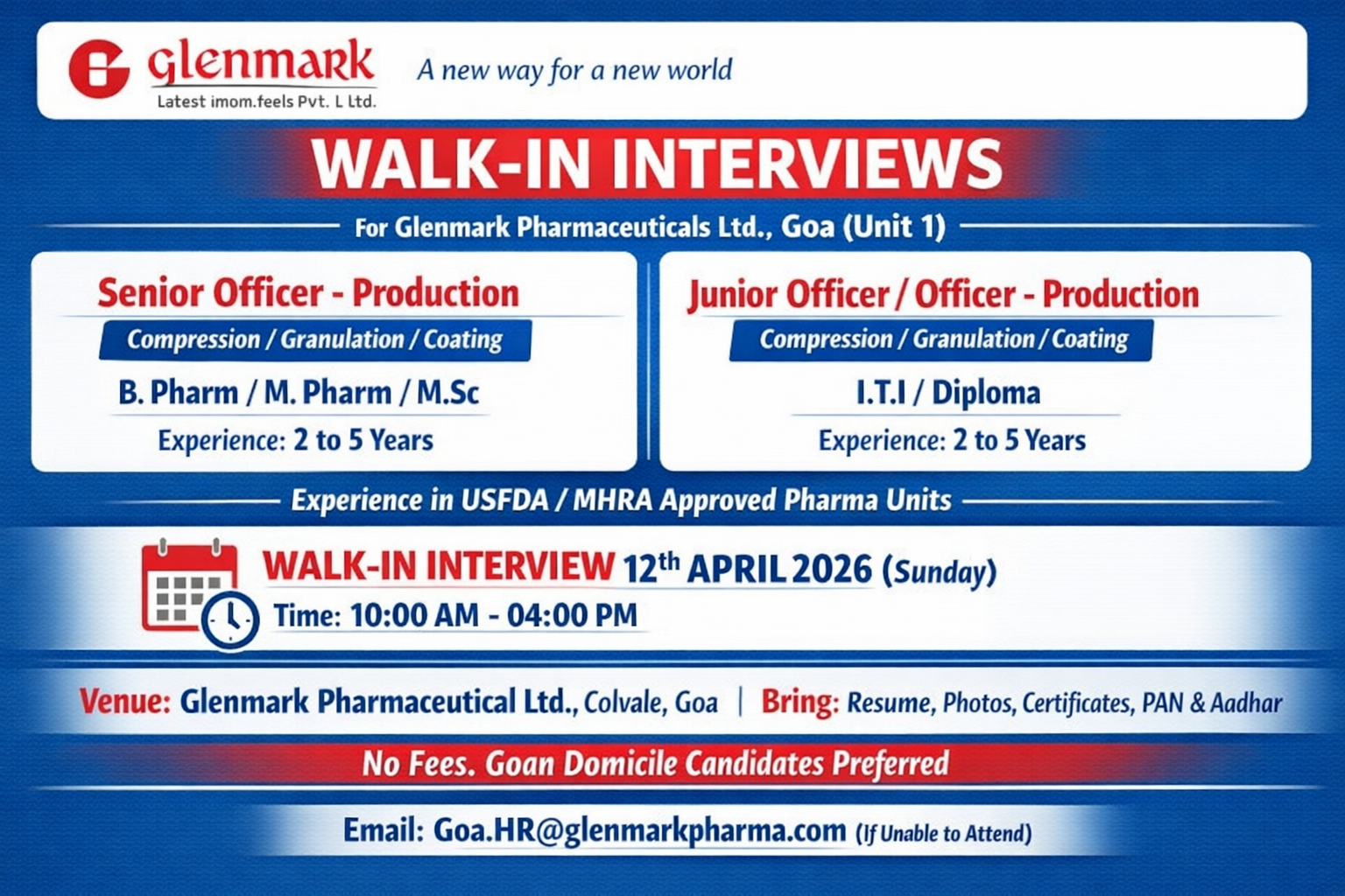 Glenmark Pharma Walk-In Interview for Production Roles in Goa on 12th April 2026 (Sunday)