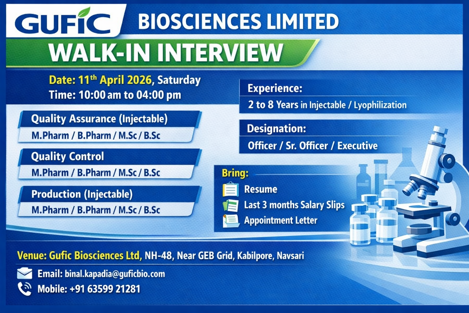 Gufic Biosciences Limited Walk-in Interview 2026: QA, QC & Production Jobs in Injectable Facility