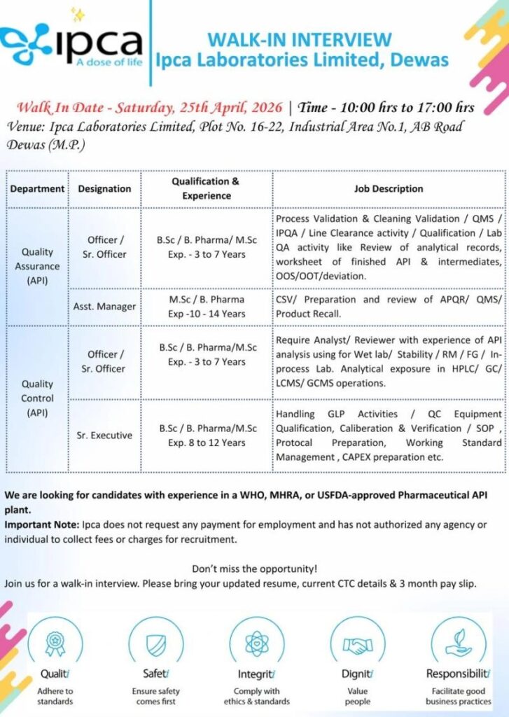 Ipca Laboratories Limited Walk-In Interview – QA & QC Jobs in Dewas | Pharma Careers in India on Saturday, 25th April 2026
