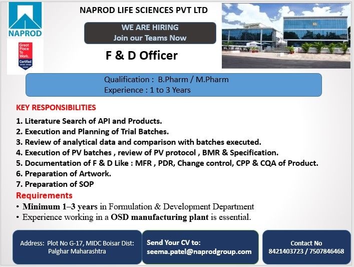 F&D Officer Job Opening at Naprod Life Sciences Pvt Ltd | Pharma Jobs in India