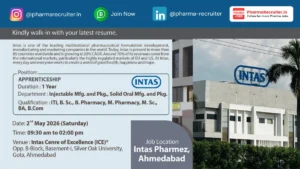 Intas Pharmaceuticals Walk-In Drive for Apprenticeship – Injectable & Solid Oral Manufacturing
