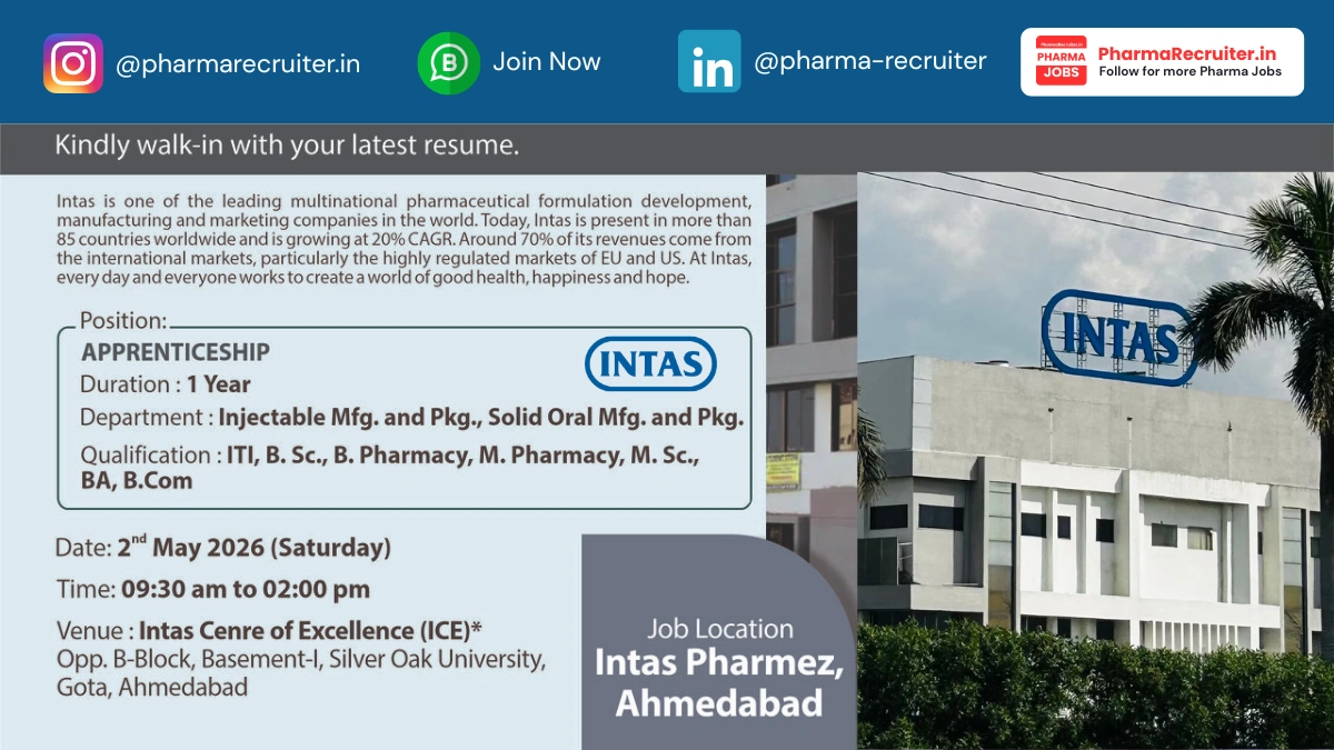 Intas Pharmaceuticals Walk-In Drive for Apprenticeship – Injectable & Solid Oral Manufacturing