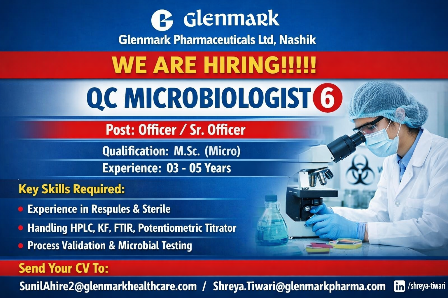 Glenmark Pharma Hiring QC Microbiologist – Apply Now for Pharma Jobs in India