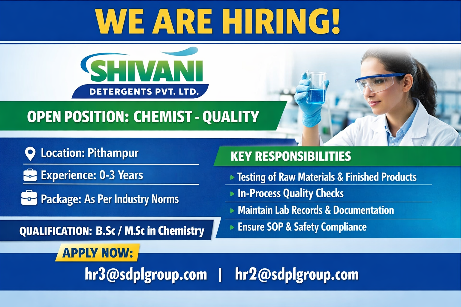 Chemist – Quality Job Opening at Shivani Detergents Pvt. Ltd. | Pharma & QC Jobs in India