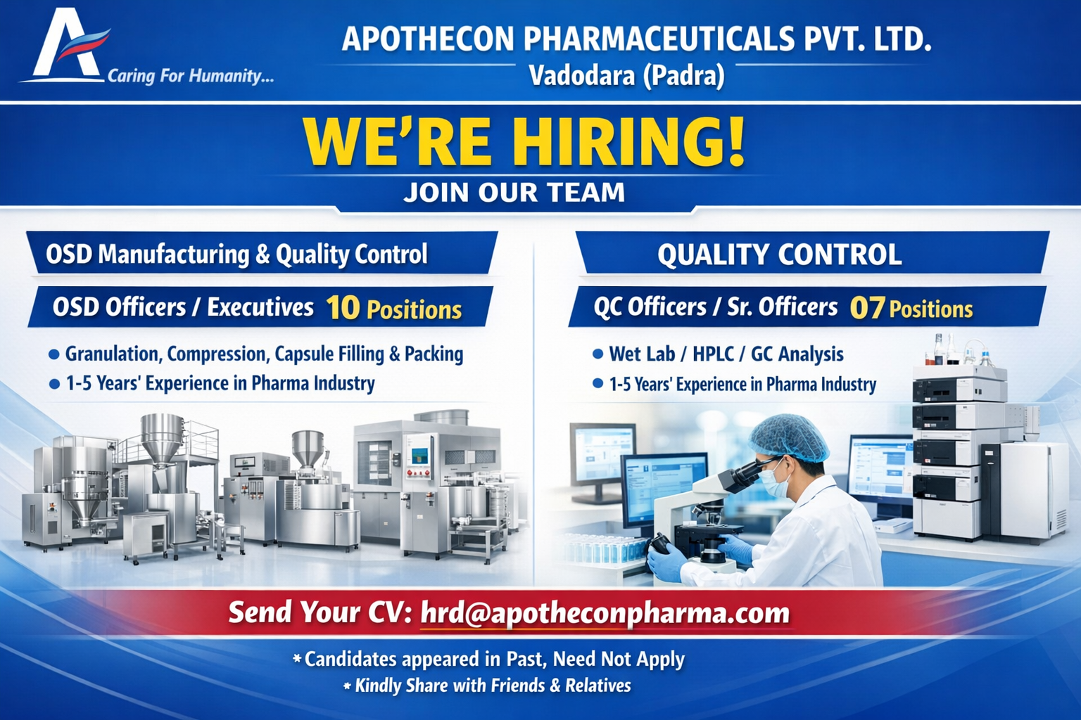 Apothecon Pharmaceuticals Hiring OSD Manufacturing & QC Professionals in Vadodara