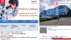 MSNLaboratories Walk-In Interview for Quality Assurance Jobs for Freshers