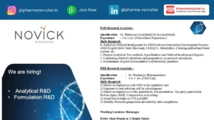 Novick Biosciences Hiring Research Associate – Analytical R&D and Formulation R&D
