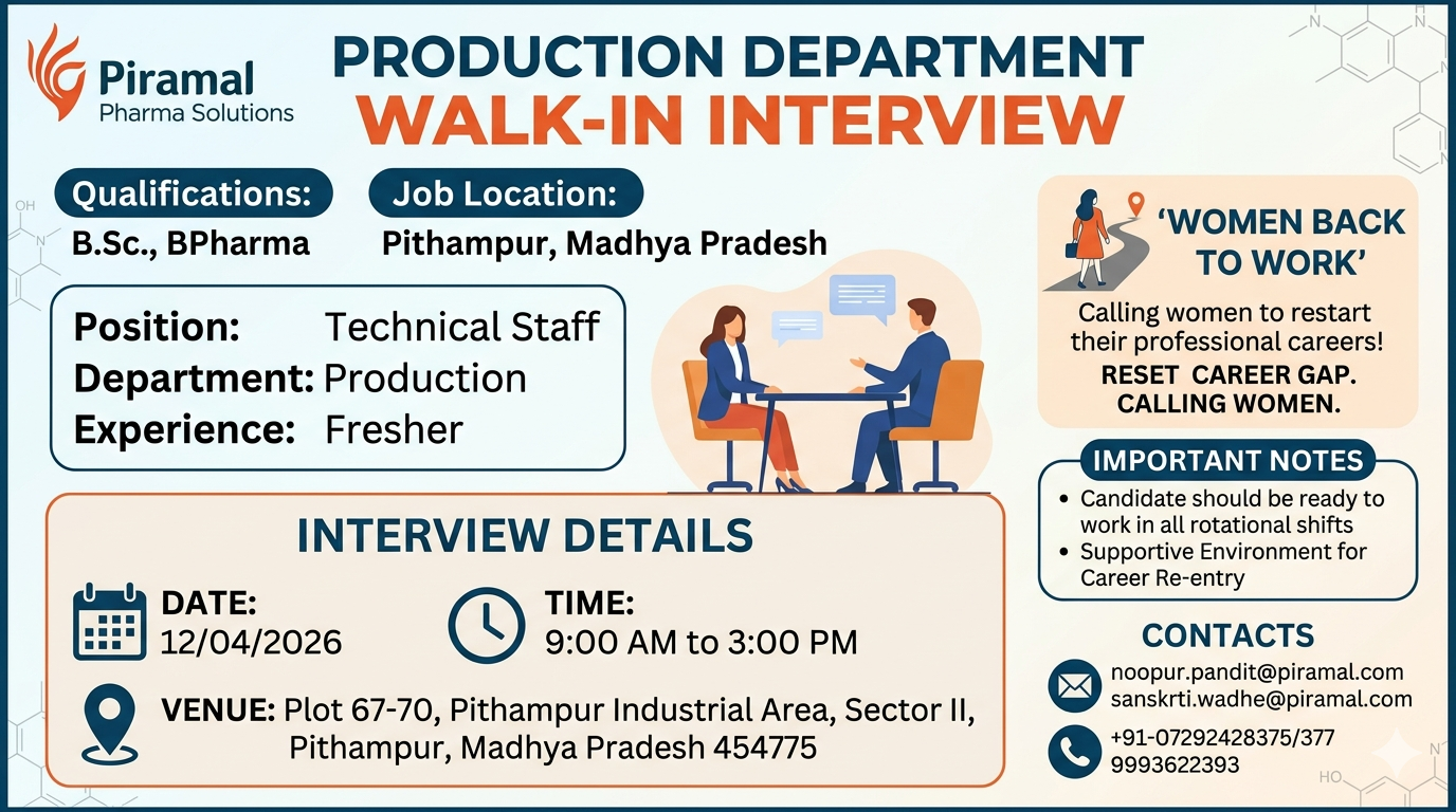 Piramal Pharma Solutions Walk-In Interview 2026 for Production Jobs in Pithampur