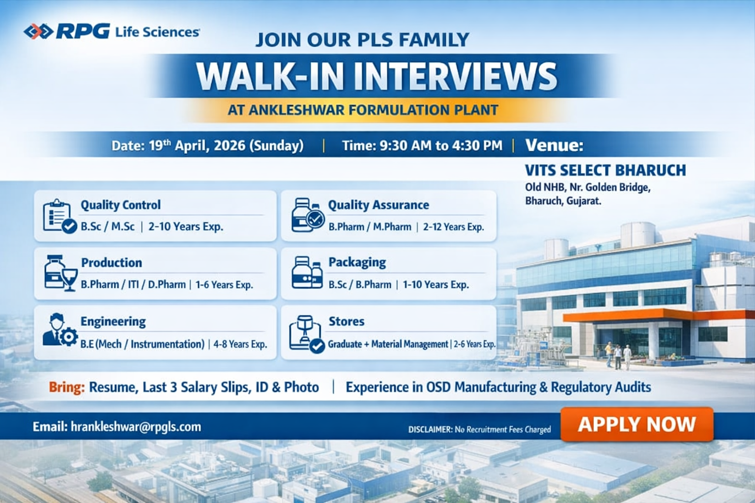 RPG Life Sciences Walk-in Interview | QA, QC, Production & Engineering Jobs in Ankleshwar on 19 April 2026 (Sunday)
