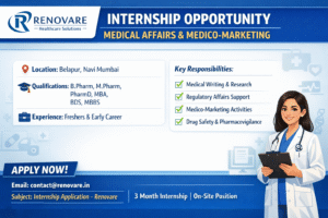 Internship Opportunity at Renovare Healthcare Solutions | Pharma Careers in India Looking for pharma jobs or internships in India? Explore this exciting opportunity in medical affairs, regulatory, and drug safety with a growing healthcare company. About the Company Renovare Healthcare Solutions is a reputed healthcare and medical affairs organization with over 50 years of combined industry experience. The company specializes in scientific and medical support from concept to delivery. Renovare offers services across medical research, regulatory affairs, pharmacovigilance, and medico-marketing. With strong exposure to domestic and international markets, the company is known for its compliance-driven approach and innovation in healthcare solutions. Job Details Company Name: Renovare Healthcare Solutions Experience: Freshers / Interns / Working professionals Qualification: B.Pharm, M.Pharm, PharmD, Pharma/Healthcare MBA, BDS, MBBS Location: Belapur, Navi Mumbai, Maharashtra, India Work Type: On-site (Full-Time Internship) Job Description Renovare is hiring passionate candidates for internship roles in medical affairs and medico-marketing. This opportunity is ideal for candidates seeking pharmaceutical careers in India with hands-on exposure. Internship – Medical Affairs & Medico-Marketing Department: Medical Affairs / Medico-Marketing Market: Domestic & International Healthcare Role: Intern Experience: Freshers / Early career candidates Education/Qualification: B.Pharm, M.Pharm, PharmD, MBA, BDS, MBBS Skills/Qualifications Strong research and analytical skills Good communication and medical writing ability Knowledge of regulatory affairs and drug safety Familiarity with medical communication practices Ability to work in cross-functional teams Adaptability and problem-solving mindset Key Responsibilities Assist in medical writing and documentation Support outcome research activities Contribute to medical communication projects Participate in medico-marketing initiatives Assist in regulatory affairs processes Support drug safety and pharmacovigilance tasks Benefits/Perks Hands-on experience in pharma industry Exposure to medical affairs and regulatory domains Networking with industry experts and academicians Skill development in research and communication Internship completion certificate Ethical and professional work environment How to Apply Interested candidates should email the following details: Updated resume Availability period for internship Send your application to: 📧 contact@renovare.in Subject Line: Application for Internship at Renovare (3 months) Applications are accepted on a rolling basis. Apply early to secure your spot. For more pharma jobs, QA jobs, QC jobs, and production jobs, visit 👉 https://pharmarecruiter.in Why You Should Join Renovare offers a dynamic and growth-oriented environment for aspiring pharma professionals. You gain exposure to real-time projects, regulatory frameworks, and global healthcare practices. The company promotes ethical standards, innovation, and continuous learning, making it a strong foundation for long-term pharmaceutical careers in India. FAQs Who is eligible for this internship? Candidates with B.Pharm, M.Pharm, PharmD, MBA, BDS, or MBBS qualifications are eligible. Is prior experience required? No, freshers and early-career professionals can apply. What is the duration of the internship? The internship duration is 3 months. Is this a paid internship? The job posting does not specify stipend details. Candidates should confirm during application.