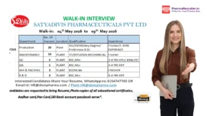 Satya Divis Pharmaceuticals Walk-In Interview 4th to 9th May 2026