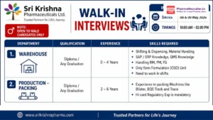 Sri Krishna Pharmaceuticals Walk-In Interview for Warehouse & Production Packing on 8th & 9th May 2026