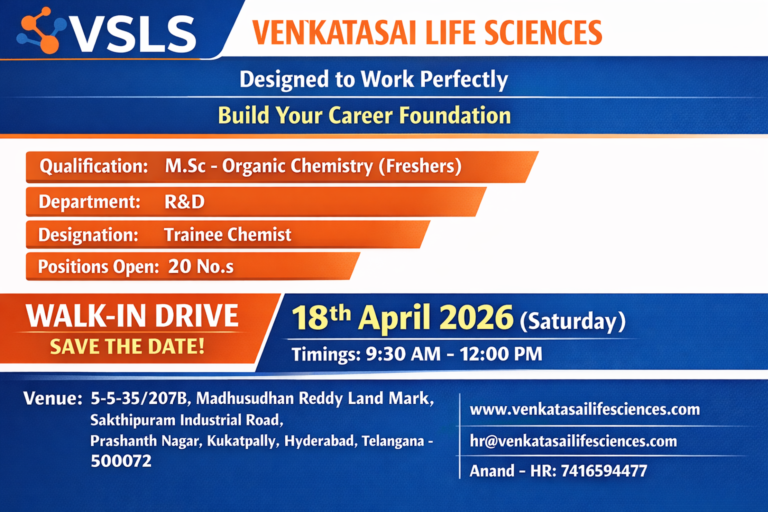 Venkatasai Life Sciences Walk-In Interview | Freshers Pharma Jobs in R&D on 18 April 2026 (Saturday)