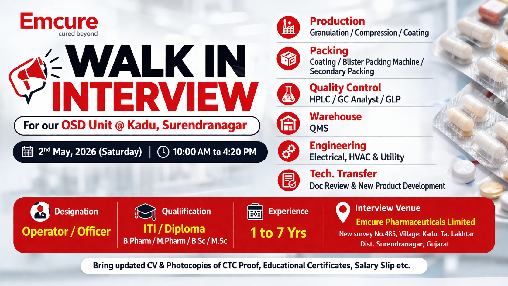 Emcure Pharmaceuticals Walk-In Interview for OSD Unit – Production, QC, Engineering & More on 2nd May 2026 (Saturday)