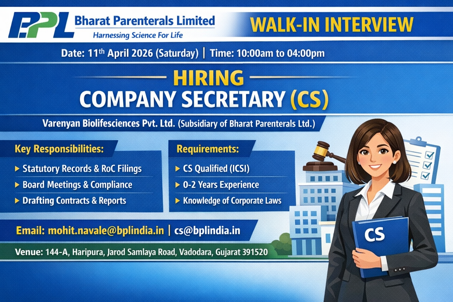 Company Secretary (CS) Job | Walk-in Interview at Bharat Parenterals Limited on 11th April 2026 (Saturday)