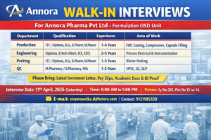 Annora Pharma Walk-in Interview 2026 for Production, QC, Engineering & Packing Roles