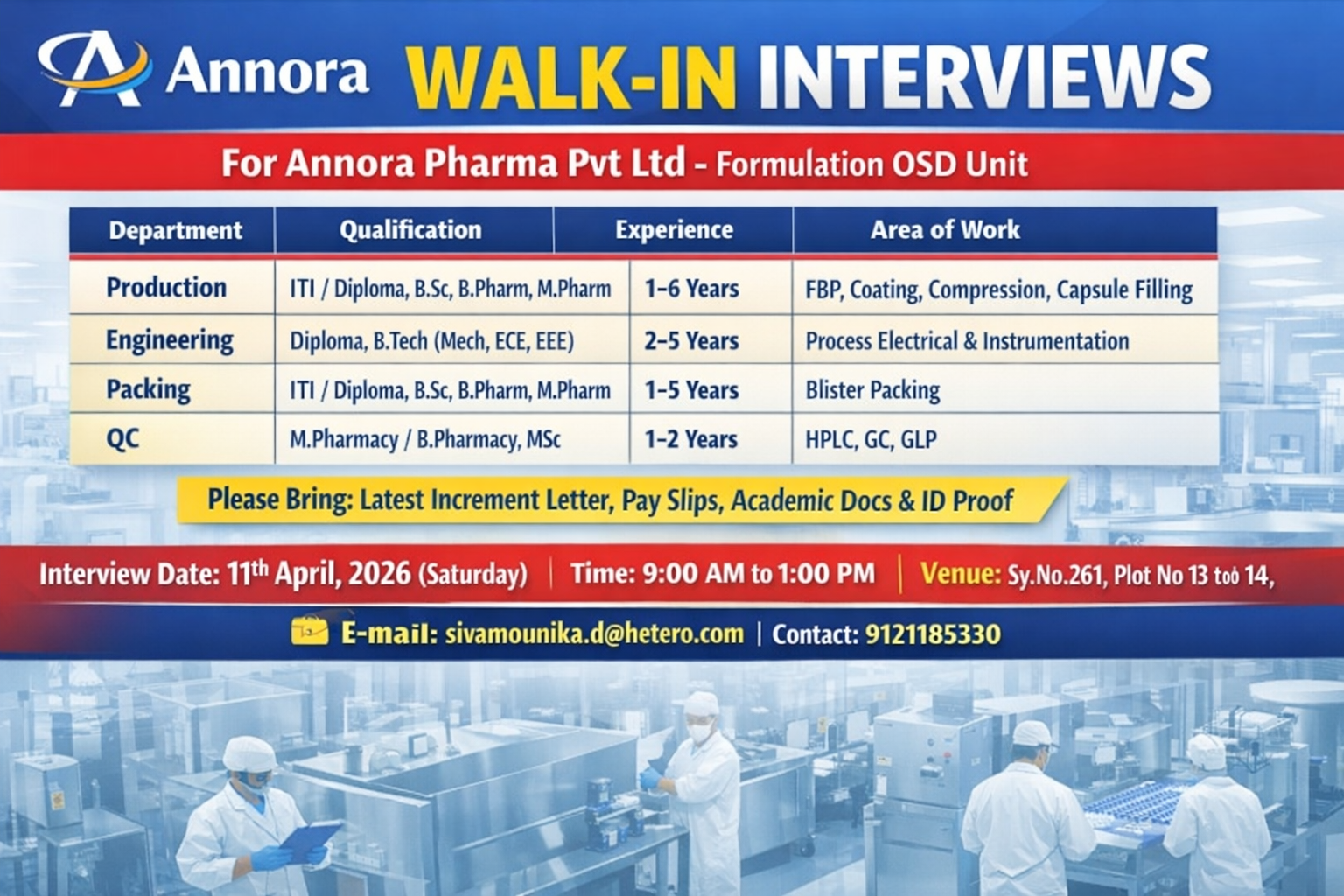 Annora Pharma Walk-in Interview 2026 for Production, QC, Engineering & Packing Roles
