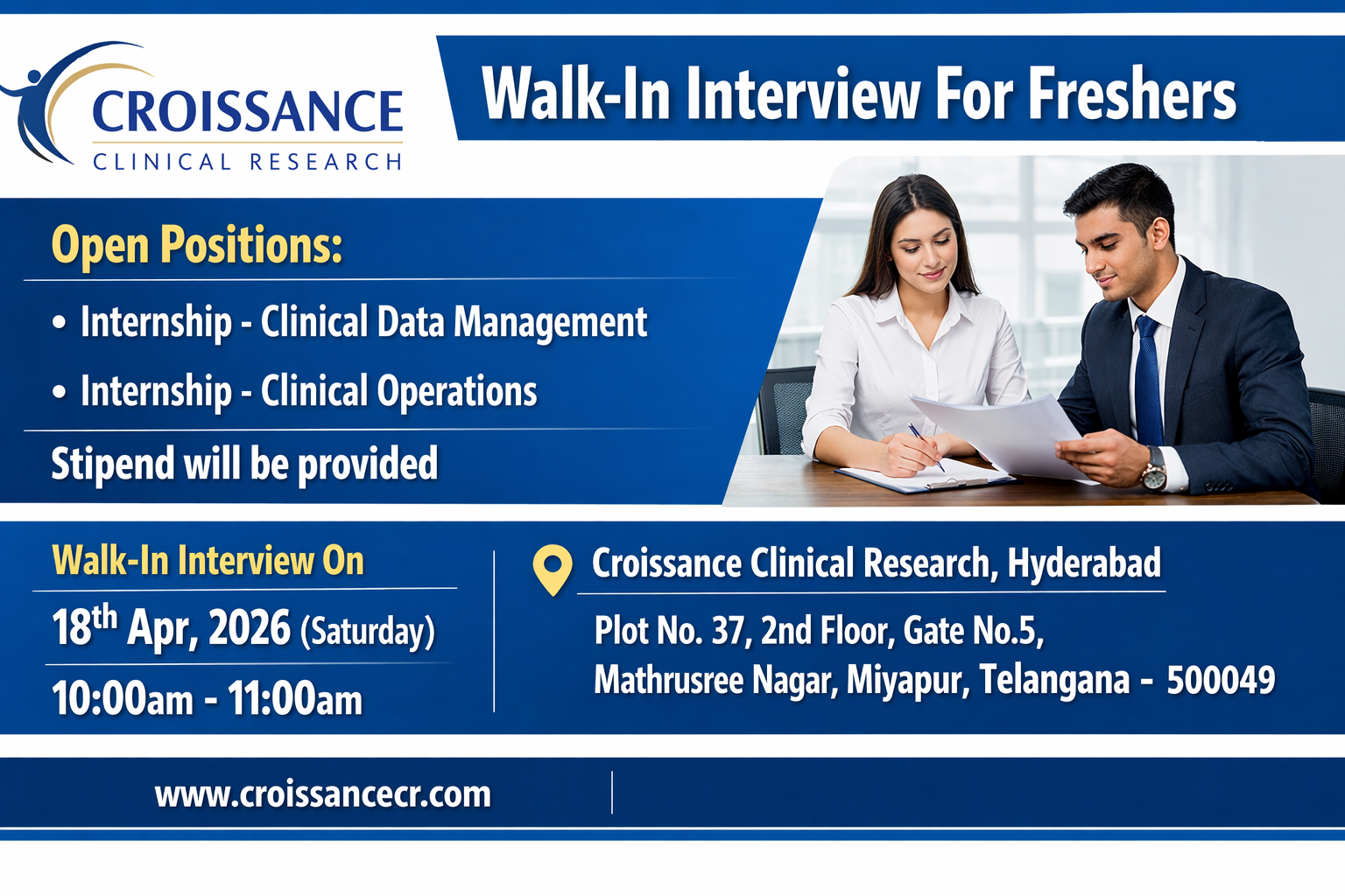 CROISSANCE Clinical Research Walk-In Interview for Freshers | Clinical Data Management & Operations Internships on 18th April 2026 (Saturday)