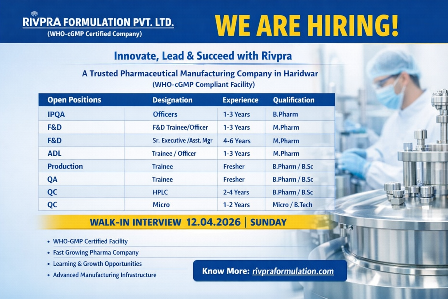 Rivpra Formulation Pvt. Ltd. Walk-In Interview – Pharma Jobs in QA, QC, Production, IPQA & F&D on 12 April 2026 (Sunday)