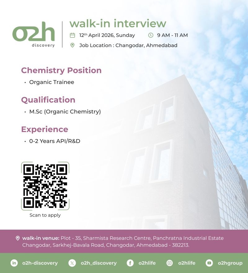 Exciting pharma jobs opportunity! o2h Discovery is conducting a walk-in interview for Organic Trainee position on 12th April 2026