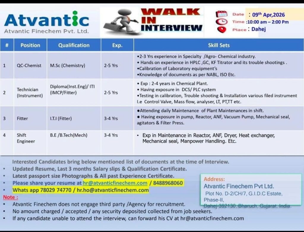 Exciting walk-in interview for pharma and chemical jobs at Atvantic Finechem Pvt Ltd in Dahej, Gujarat on 9th April 2026