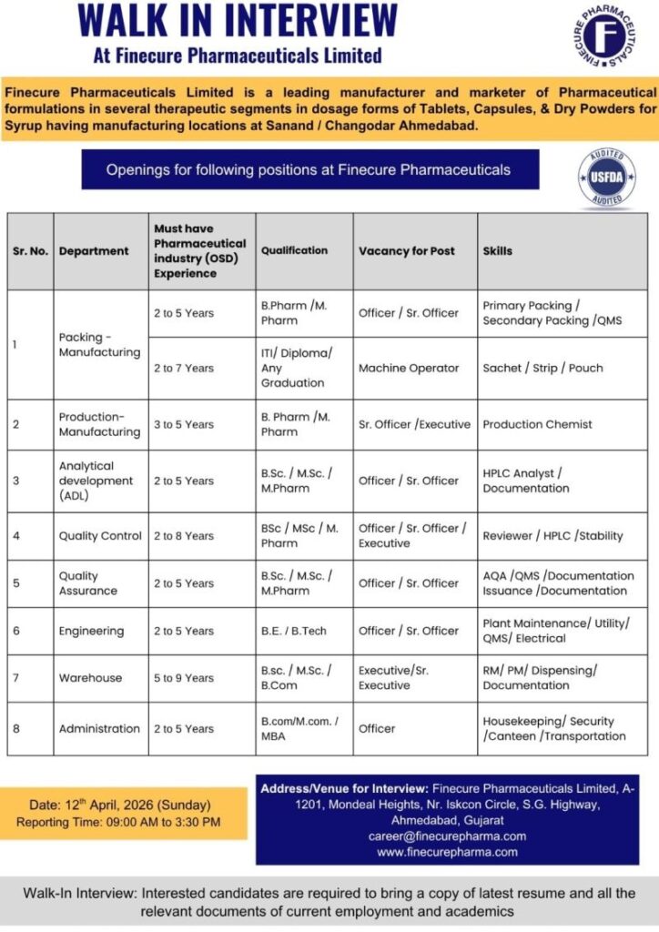Finecure Pharmaceuticals is conducting a walk-in interview on 12 April 2026