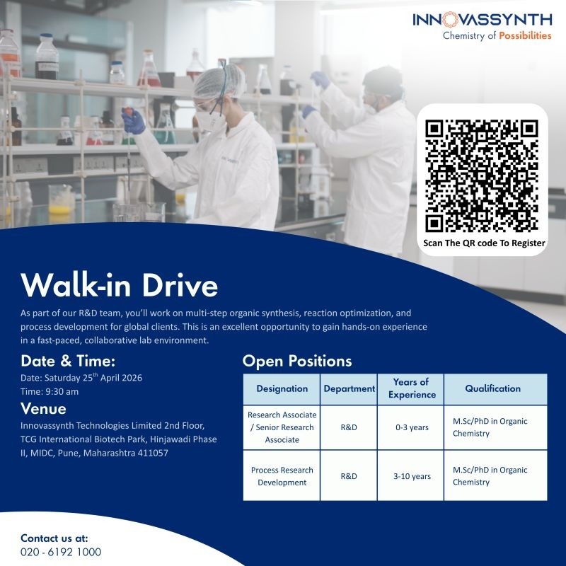 Innovassynth Technologies for a walk-in interview on 25th April 2026. Discover rewarding opportunities in organic synthesis and process development.