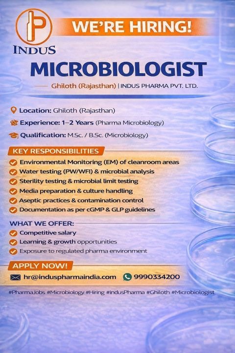 Indus Pharma Pvt. Ltd. is hiring a Microbiologist with 1-2 years of experience in pharmaceutical microbiology at their Ghiloth (Rajasthan) facility.