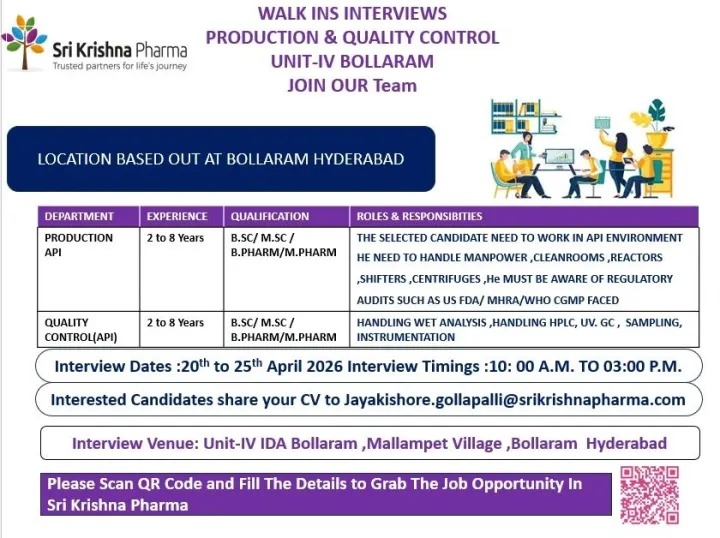t Sri Krishna Pharma for Production API and QC jobs in Hyderabad. Join a trusted API manufacturer with 2–8 years experience required.