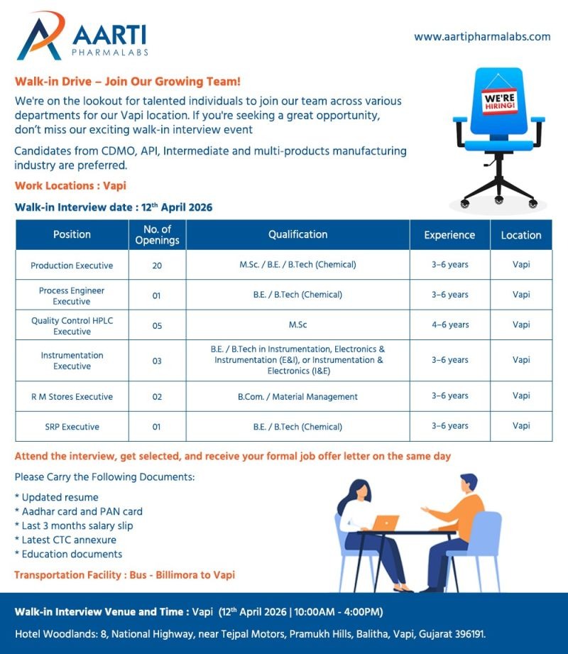 Aarti Pharmalabs Walk-In Interview 2026 – Pharma Jobs in Vapi for Production, QC & Engineering Roles