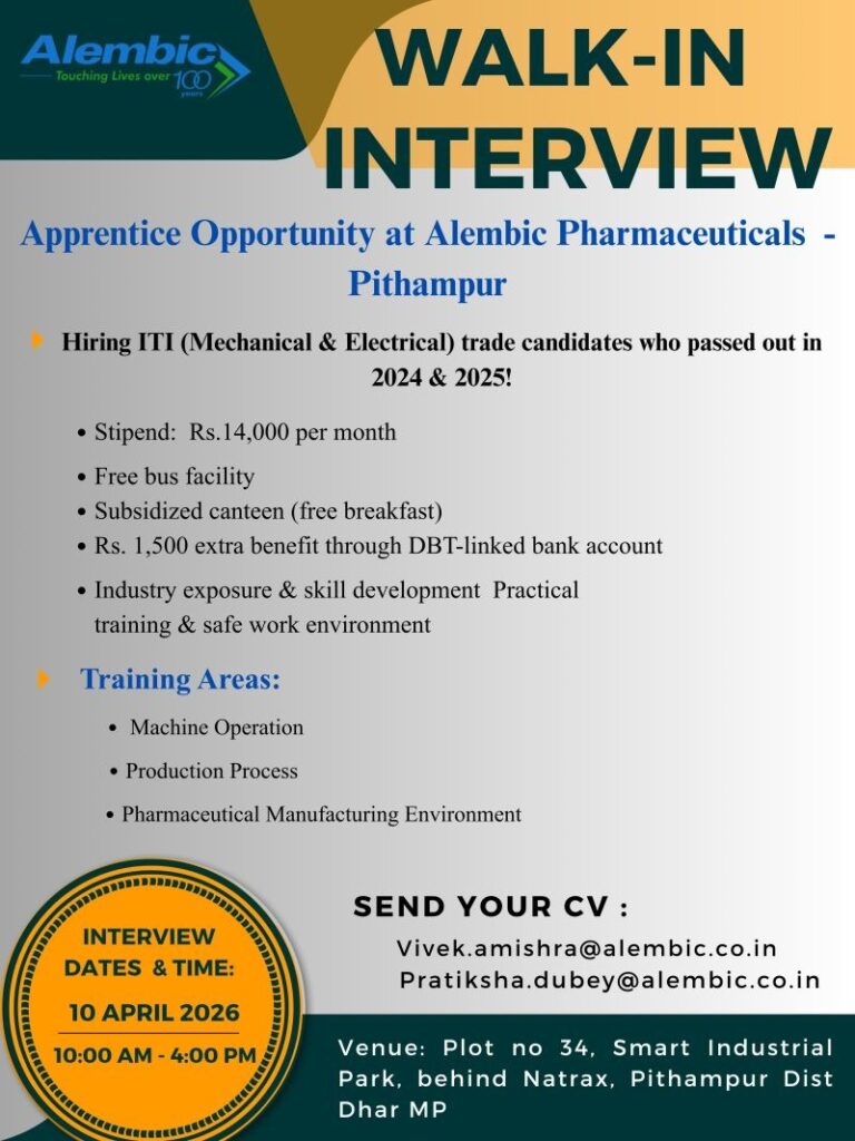 Alembic Pharmaceuticals Apprentice Walk-in Interview 2026 – ITI Jobs in Pharma Industry