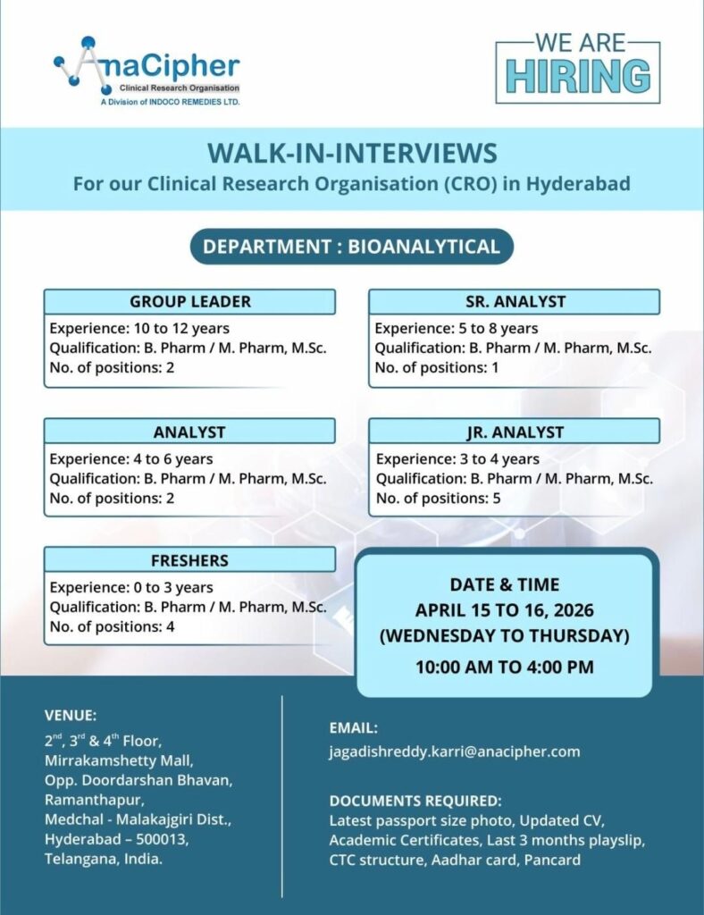 AnaCipher Clinical Research Organisation Walk-In Interview | Bioanalytical Jobs in Hyderabad on April 15 to 16, 2026