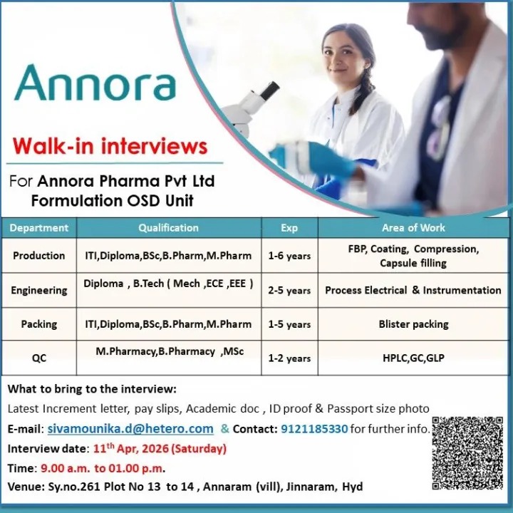 Annora Pharma Walk-in Interview 2026 for Production, QC, Engineering & Packing Roles