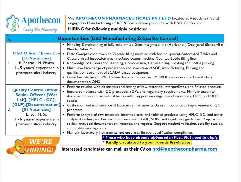 Apothecon Pharmaceuticals Hiring OSD Manufacturing & QC Professionals in Vadodara