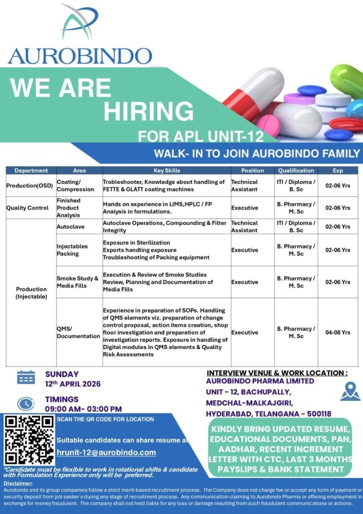 Aurobindo Pharma Walk-In Interview 2026 – QA, QC & Production Jobs in Hyderabad