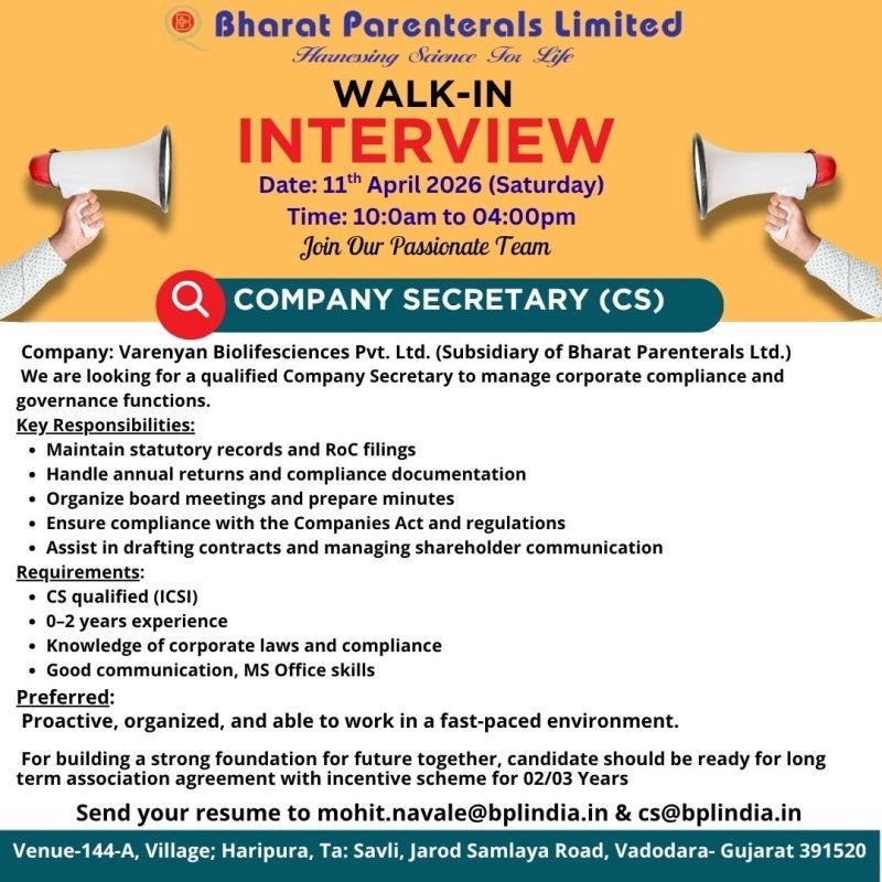 Company Secretary (CS) Job | Walk-in Interview at Bharat Parenterals Limited on 11th April 2026 (Saturday)